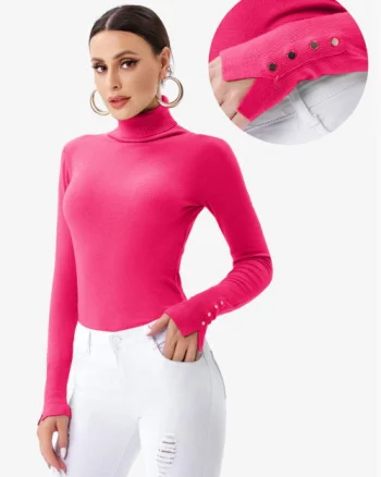 Helanca pulover cu guler inalt si nasturei pe maneca, fucsia