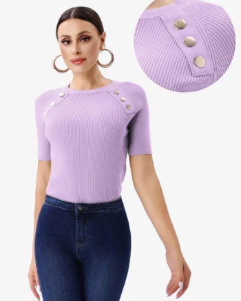 Pulover cu maneca scurta si nasturi metalici decorativi, lila