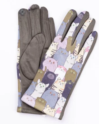 Manusi dama imprimeu pisici grasute pe fond kaki, material catifelat