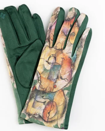 Manusi dama imprimeu pictural abstract  pe fond verde, material catifelat
