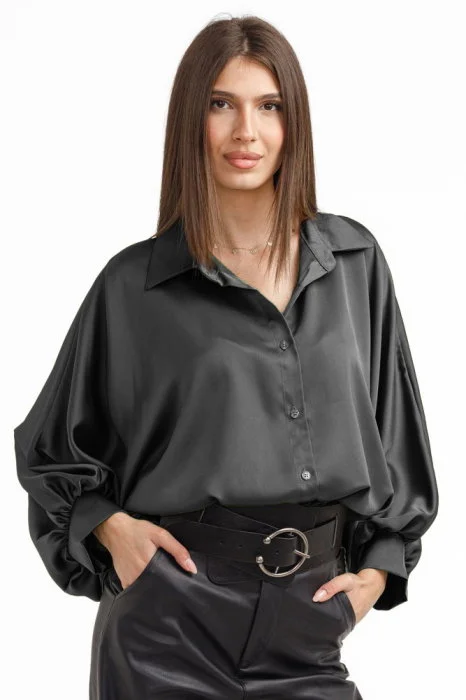 Camasa eleganta din satin, cu maneci bufante, gri