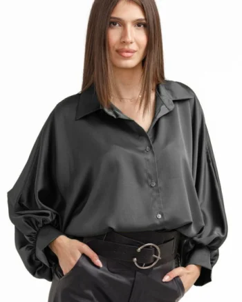 Camasa eleganta din satin, cu maneci bufante, gri