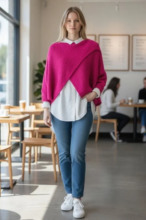 Pulover tip poncho petrecut asimetric, cu lana, fucsia