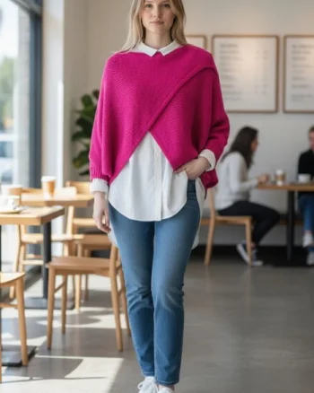 Pulover tip poncho petrecut asimetric, cu lana, fucsia