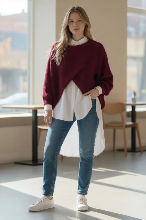 Pulover tip poncho petrecut asimetric, cu lana, bordo
