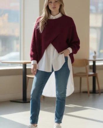 Pulover tip poncho petrecut asimetric, cu lana, bordo