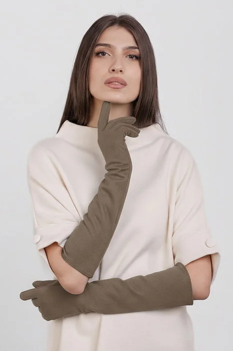 Manusi dama foarte lungi si simple din material textil catifelat bej fango