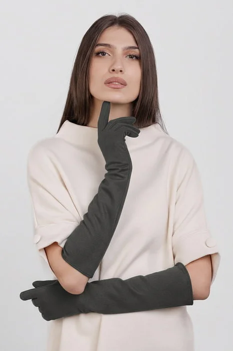 Manusi dama foarte lungi si simple din material textil catifelat gri inchis