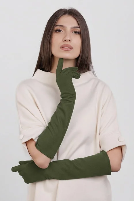 Manusi dama foarte lungi si simple din material textil catifelat kaki