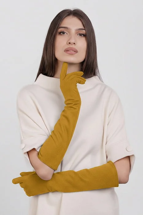 Manusi dama foarte lungi si simple din material textil catifelat galben mustar