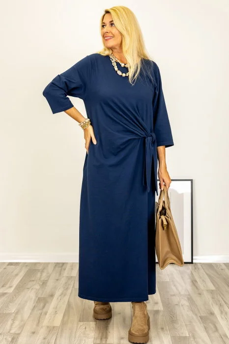 Rochie cu nod intr-o parte, din jerseu de bumbac bleumarin