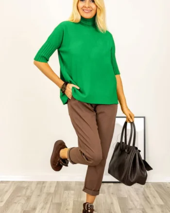 Pulover versatil cu maneci scurte ribbed si guler inalt, din vascoza, verde