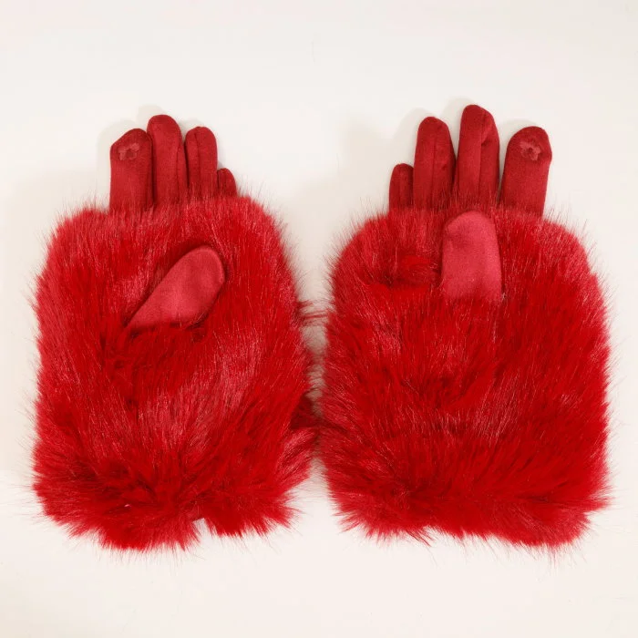 Manusi dama din material textil catifelat si suprapunere de blanita, bordo