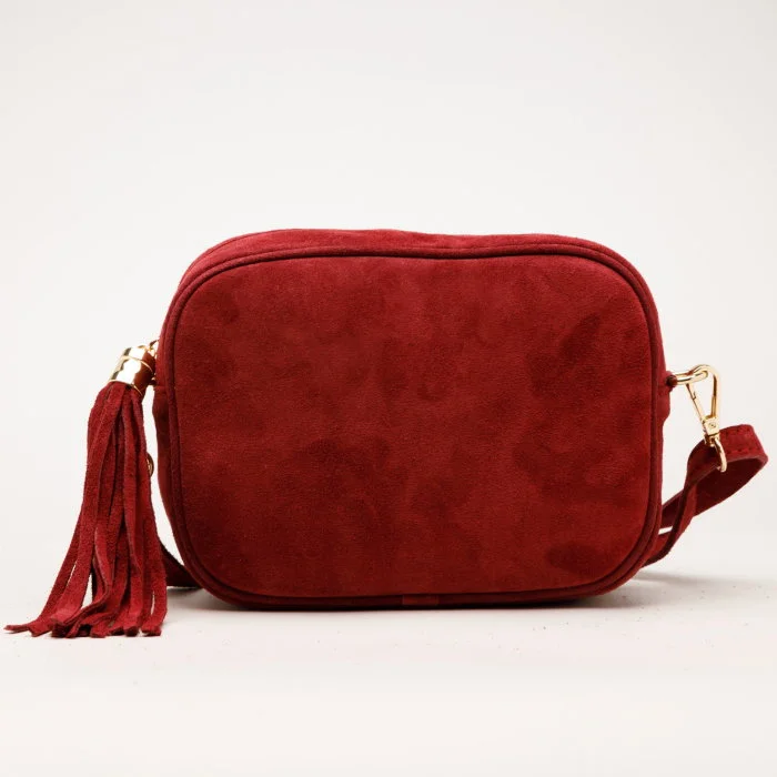 Geanta din piele intoarsa cu franjuri, model crossbody, bordo