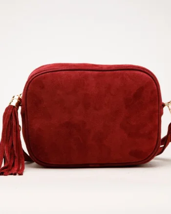 Geanta din piele intoarsa cu franjuri, model crossbody, bordo