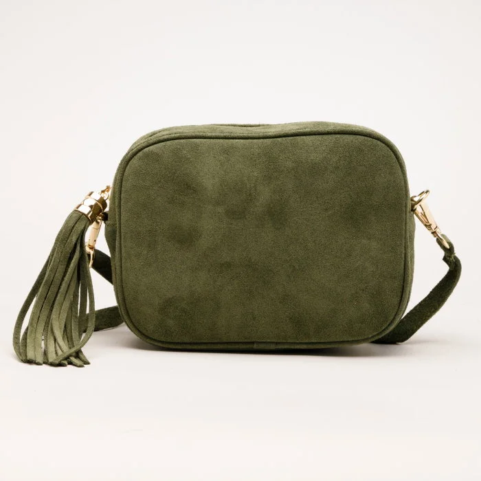 Geanta din piele intoarsa cu franjuri, model crossbody, kaki