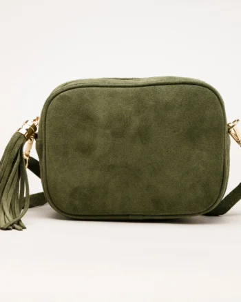 Geanta din piele intoarsa cu franjuri, model crossbody, kaki