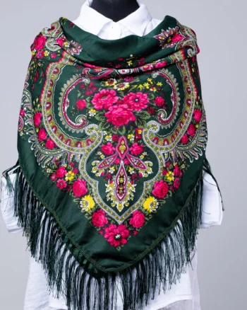 Esarfa gipsy patrata mare, tip Pavlovo Posad cu imprimeu floral traditional pe fond verde gucci