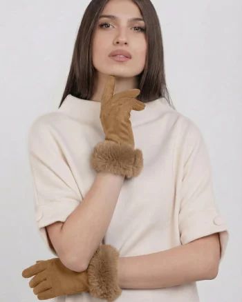 Manusi dama din material textil catifelat cu blanita naturala de iepure, camel