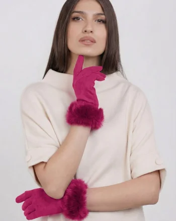 Manusi dama din material textil catifelat cu blanita naturala de iepure, fucsia