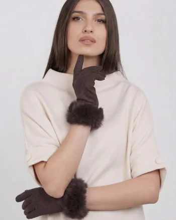 Manusi dama din material textil catifelat cu blanita naturala de iepure, maro