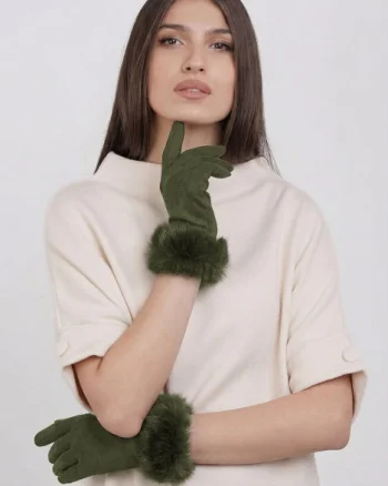 Manusi dama din material textil catifelat cu blanita naturala de iepure, kaki