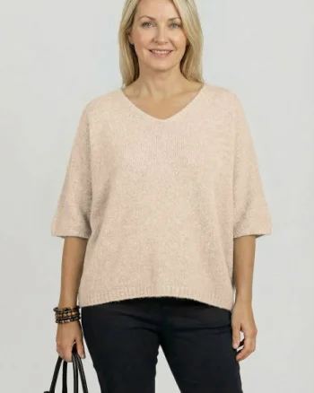 Pulover pufos cu alpaca, oversize cu maneca fluture, bej