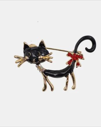 Brosa eleganta pisica neagra din metal cu strasuri rosii