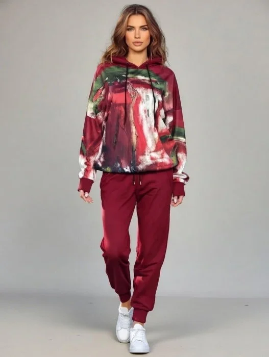 Trening dama din catifea cu hanorac imprimat si pantaloni jogger ,   bordo
