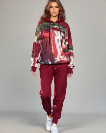 Trening dama din catifea cu hanorac imprimat si pantaloni jogger ,   bordo