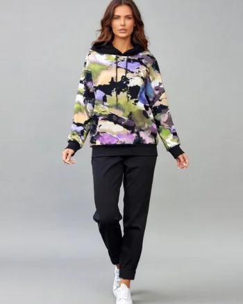 Trening dama cu hanorac imprimat cu ilustratie fashion si pantaloni jogger ,   negru