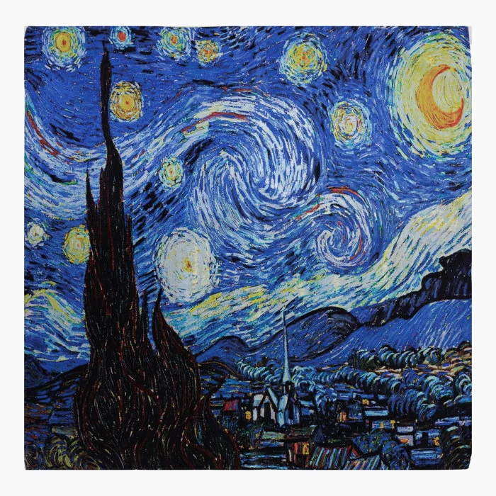 Esarfa premium din matase cu dubla fata, imprimeu cu o reproducere dupa pictura celebra a lui Van Gogh   Noapte Instelata