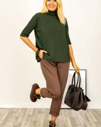 Pulover versatil cu maneci scurte ribbed si guler inalt, din vascoza, kaki