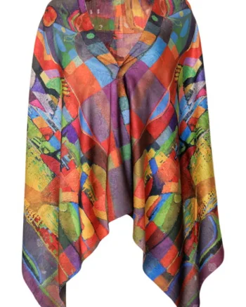 Esarfa dreptunghiulara premium cu doua fete, din matase, cu imprimeu multicolor cubist