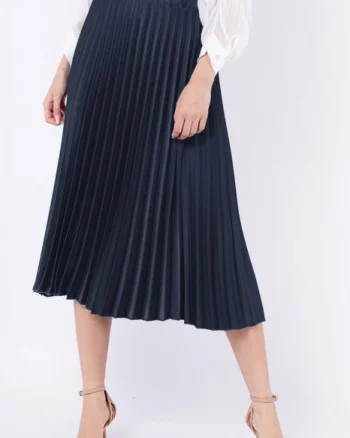 Fusta plisata, satinata, midi, bleumarin