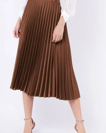 Fusta plisata, satinata, midi, camel