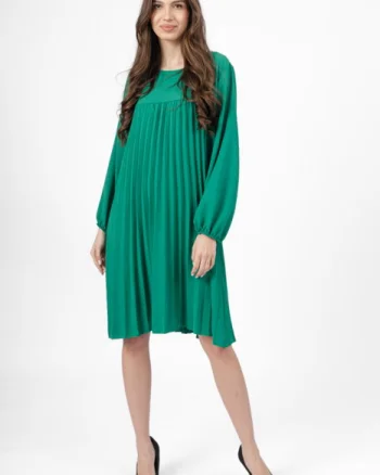 Rochie plisata midi,  A-line cu maneca lunga cu elastic, verde