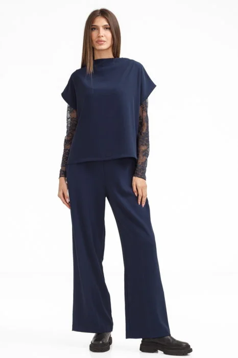Pantaloni eleganti cu croiala dreapta, lejera, bleumarin