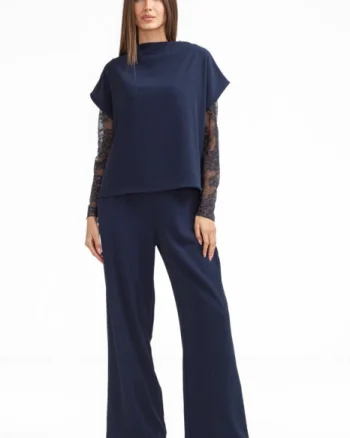 Pantaloni eleganti cu croiala dreapta, lejera, bleumarin