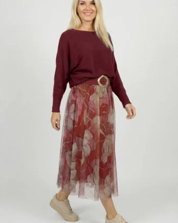 Fusta clos din tulle cu imprimeu floral in nuante de bordo si roz