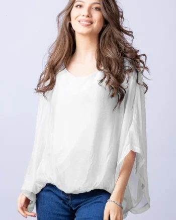 Bluza alba din matase si vascoza cu maneca fluture