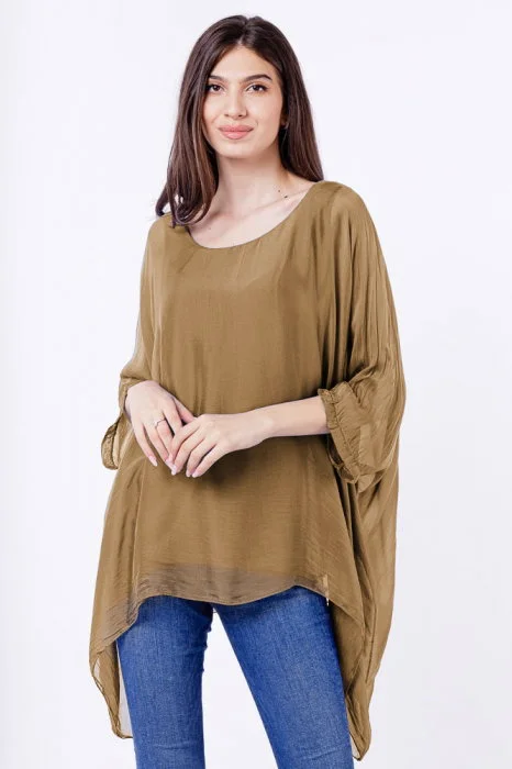 Bluza din matase si vascoza in colturi, camel