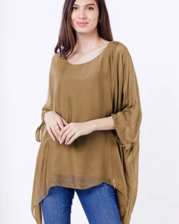Bluza din matase si vascoza in colturi, camel