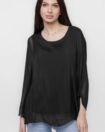 Bluza din matase si vascoza cu maneca clopot, neagra