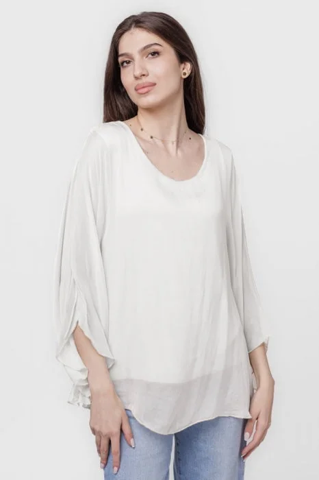 Bluza din matase si vascoza cu maneca clopot, alba