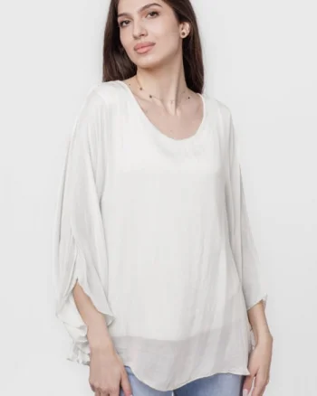 Bluza din matase si vascoza cu maneca clopot, alba