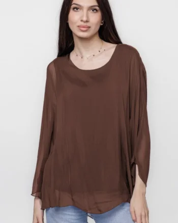 Bluza din matase si vascoza cu maneca clopot, maro