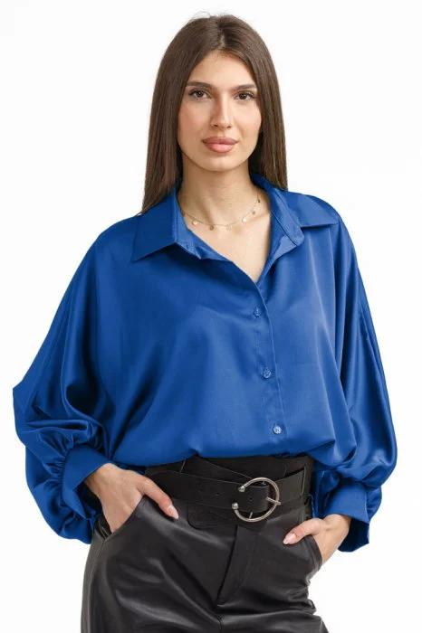 Camasa eleganta din satin, cu maneci bufante, albastra