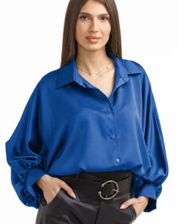 Camasa eleganta din satin, cu maneci bufante, albastra