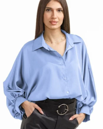 Camasa eleganta din satin, cu maneci bufante, bleu